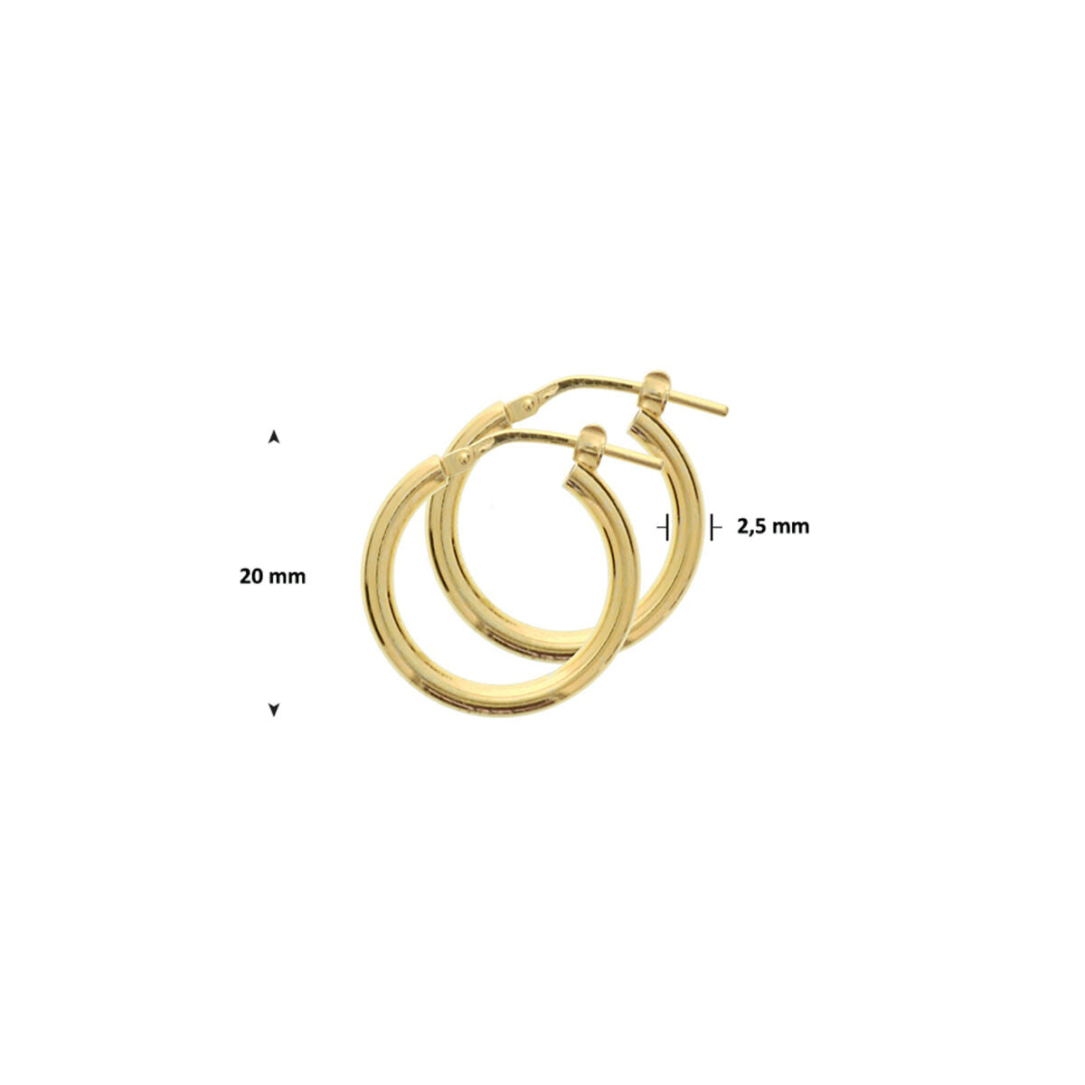 Een paar Van der Kooij Collectie oorringen 2,5 mm ronde buis, 1 micron zilver verguld (geel), met een diameter van 20 mm en scharniersluiting, weergegeven op een witte achtergrond met maataanduiding.
