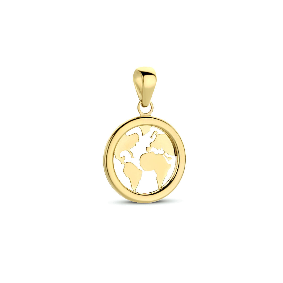 Hanger van 14K geelgoud in de vorm van een wereldbol met een opengewerkt ontwerp.
