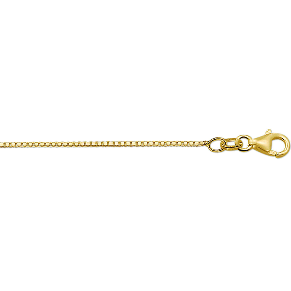 Een close-up van het Van der Kooij Collectie collier venetiaans 1,1 mm in 14K geelgoud met Venetiaanse schakel en karabijnsluiting, afgebeeld op een witte achtergrond - ideaal als unisex collier voor elke gelegenheid.
