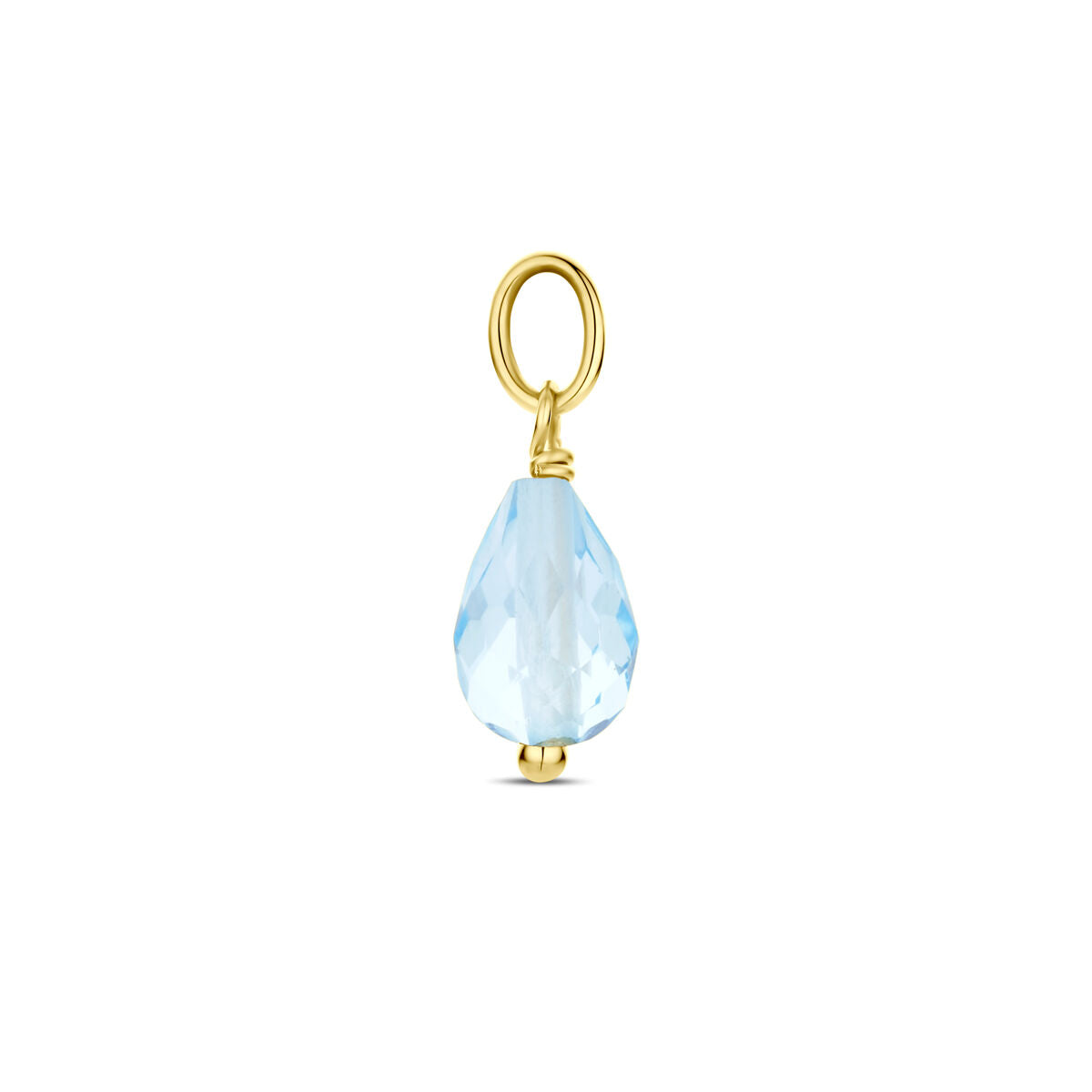 De hanger blauw topaas 14K geelgoud van Van der Kooij Collectie is een facetgeslepen druppelvormige hanger van blauw topaas met een gouden wikkel en lus, geïnspireerd op hun kenmerkende stijl en afgebeeld op een witte achtergrond.