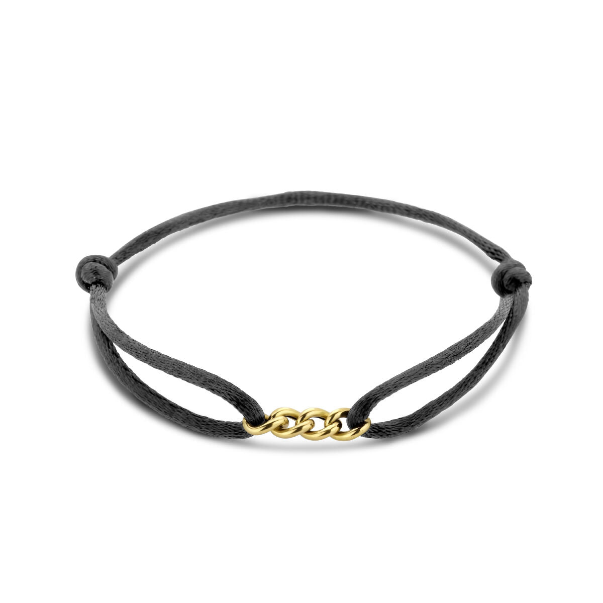 Armband van zwart satijn met een 14K gouden sluiting en rubberen/nylon/leren details, verstelbaar van 13 tot 26 cm.