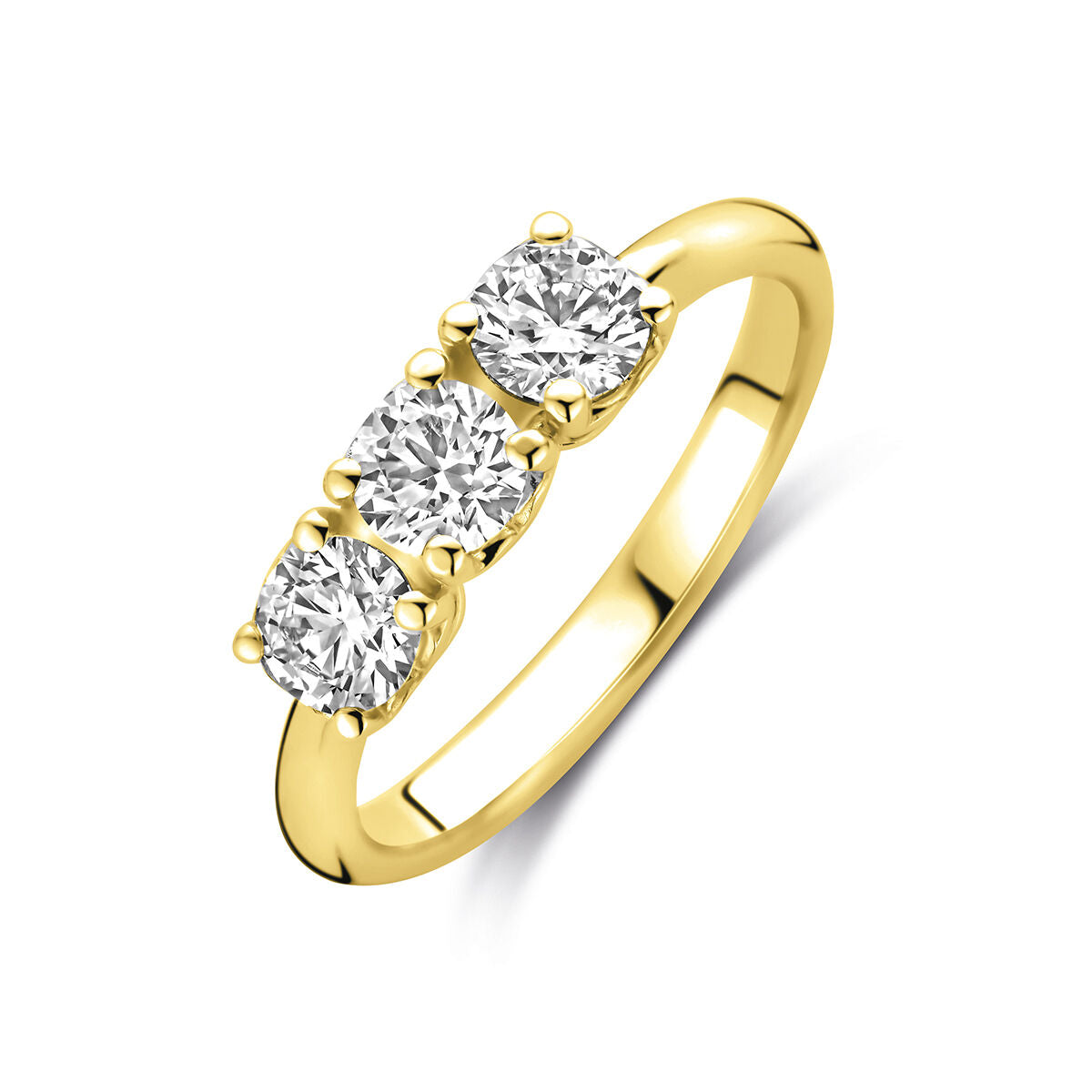 Geelgouden damesring met drie ronde, briljant geslepen lab grown diamanten van 0.90ct.