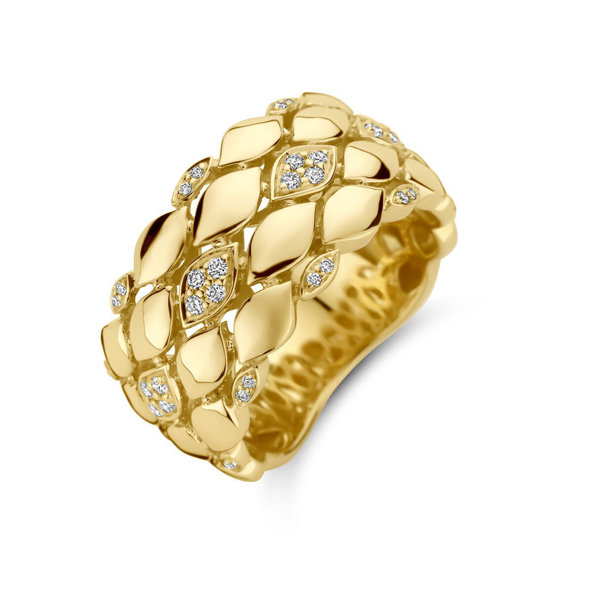 Een chique 14K geelgoud ring met 0.17ct H SI diamant, ontworpen met een bladmotief en diamanten tussen de bladeren-een diamanten damesring van Van der Kooij Collectie.