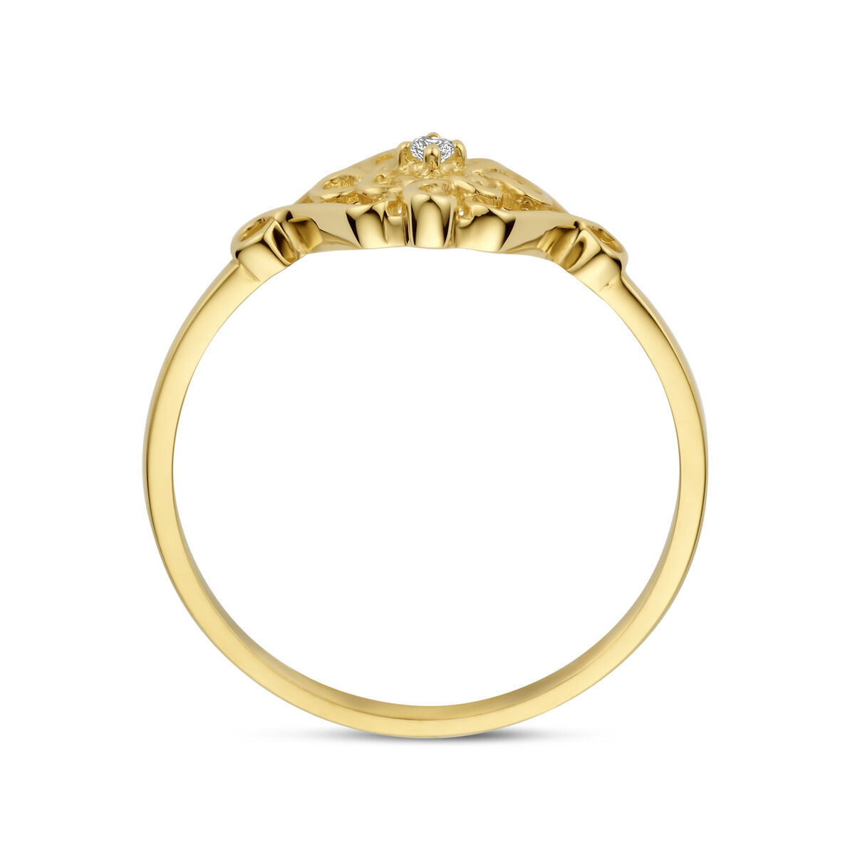 De Van der Kooij Collectie ring zirkonia 14K geelgoud heeft een gestructureerde, sierlijke zetting en een centrale zirkoniasteen: een elegante keuze voor iedereen die op zoek is naar unieke damesringen in goud.