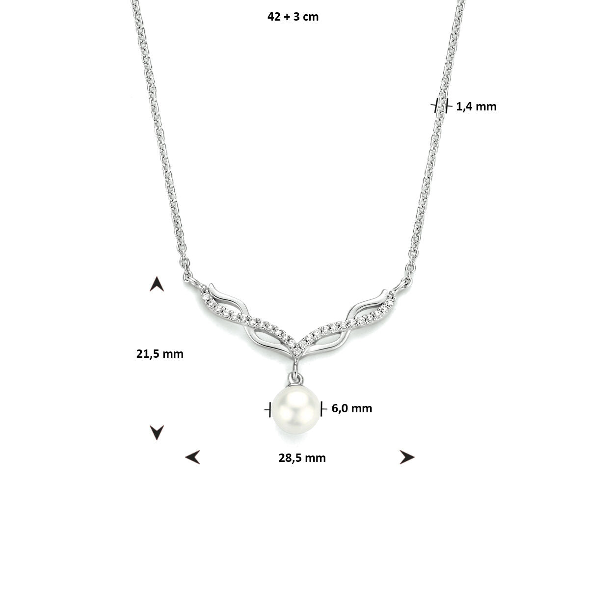 De Van der Kooij Collectie collier parel en zirkonia is een 42 + 3 cm gerhodineerd zilveren ketting met decoratieve hanger, voorzien van witte zoetwaterparel en kleine zirkonia; afmetingen sierlijk weergegeven in cm en mm.