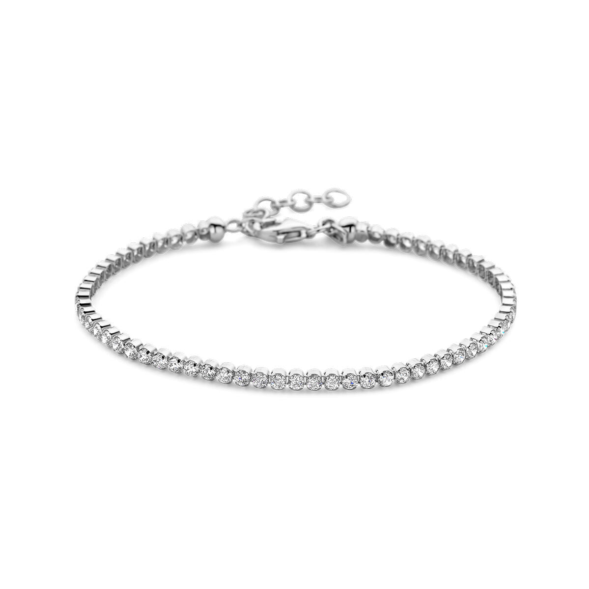 Zilveren tennisarmband met gerhodineerde afwerking en zirkonia steentjes van 2,5 mm, verstelbaar van 16 tot 19 cm.