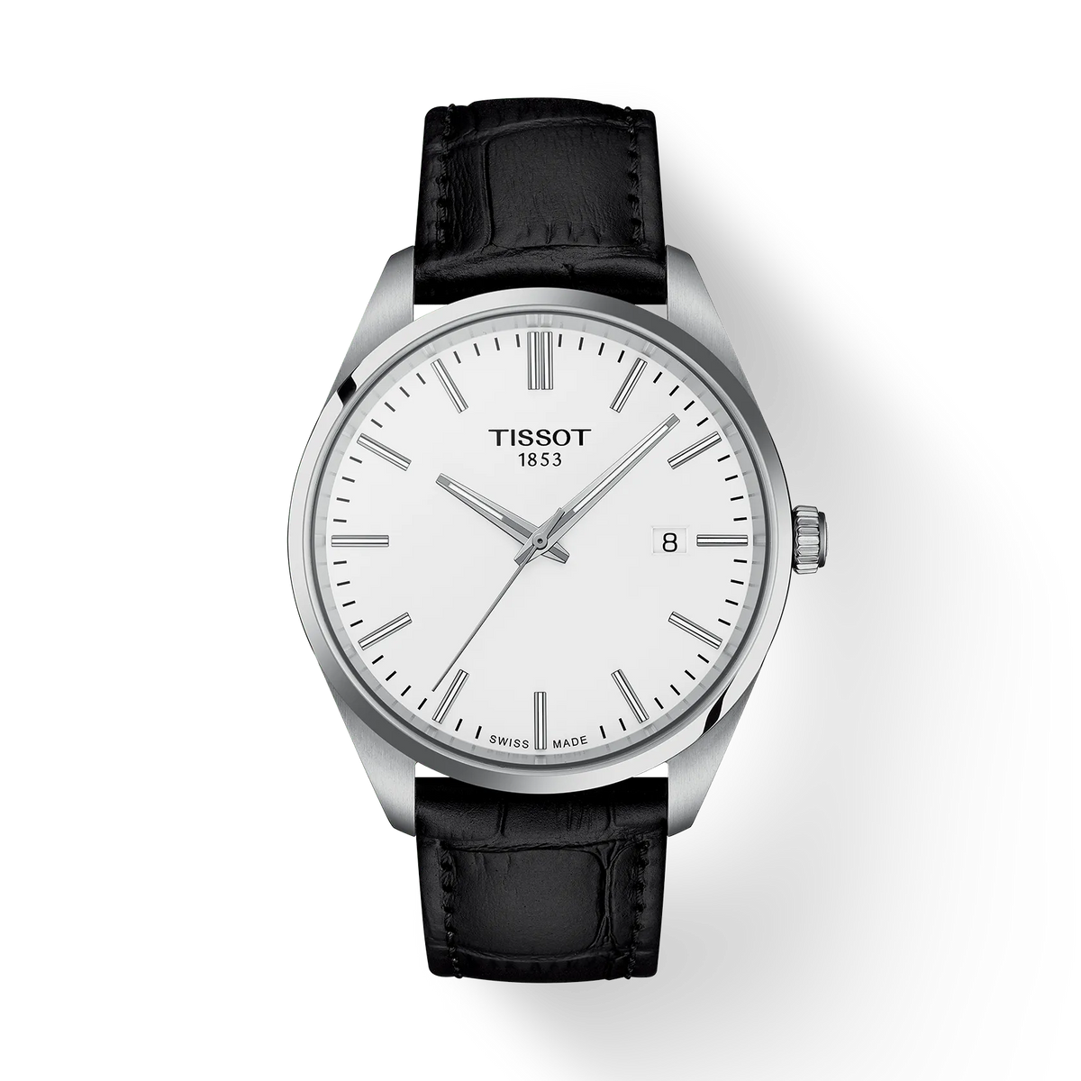 Zilveren horloge met witte wijzerplaat en zwarte lederen band, 40 mm.