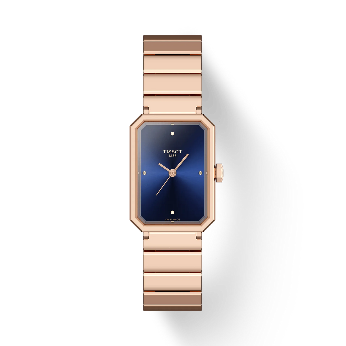 Roze horloge met blauwe wijzerplaat en een rechthoekige kast, voorzien van een metalen schakelband.