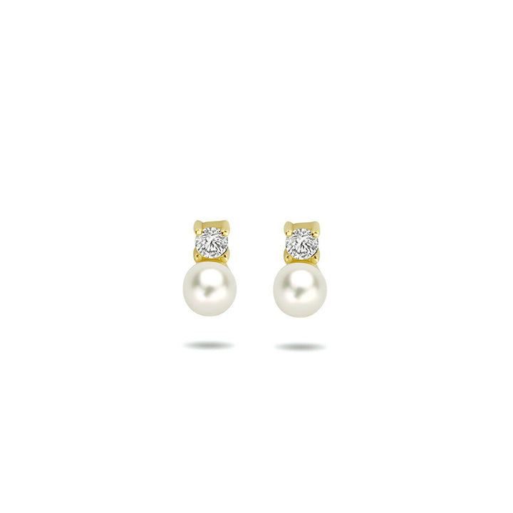ear studs pearl and zirconia 14K yellow gold