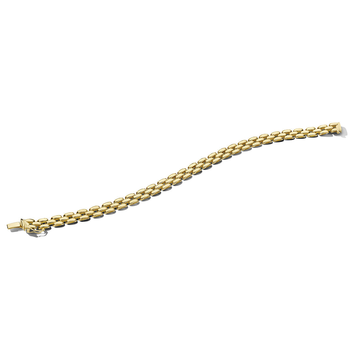 De Gouden armband dames panter 14K van Van der Kooij Collectie heeft platte, in elkaar grijpende schakels en een gesp - een luxe toevoeging aan je sieradencollectie, stijlvol gepresenteerd op een witte achtergrond.