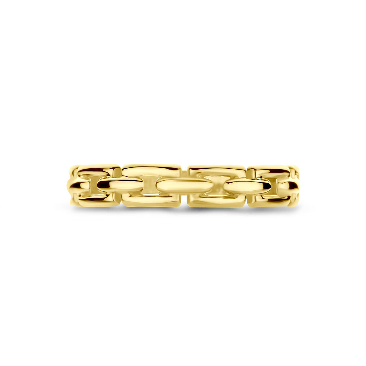 De Van der Kooij Collectie ring schakel 14K geelgoud heeft rechthoekige schakels in een gepolijste doorlopende band, afgebeeld tegen een witte achtergrond.