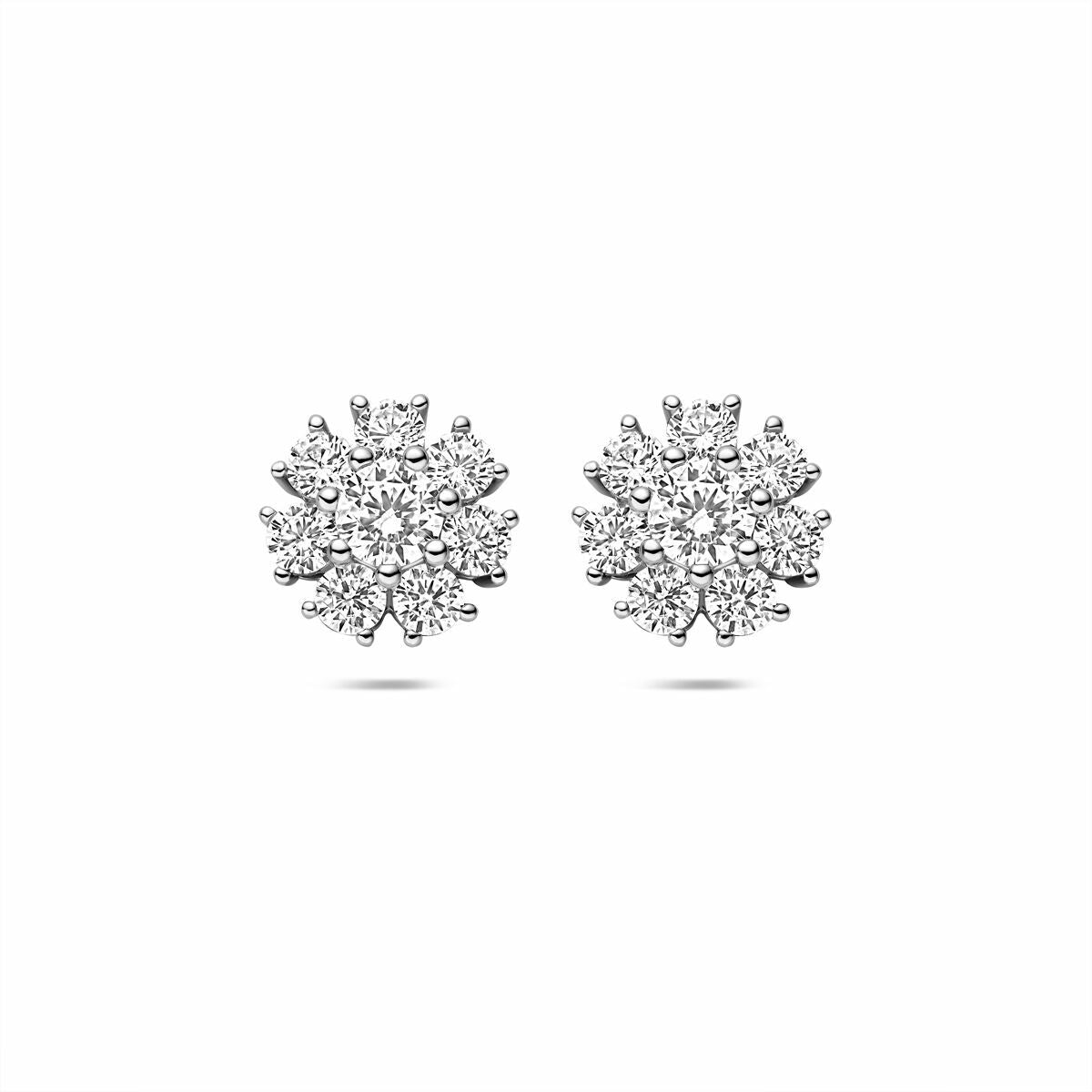 Zilveren oorknoppen in bloemvorm met zirkonia-steentjes, gerhodineerd 925 zilver.