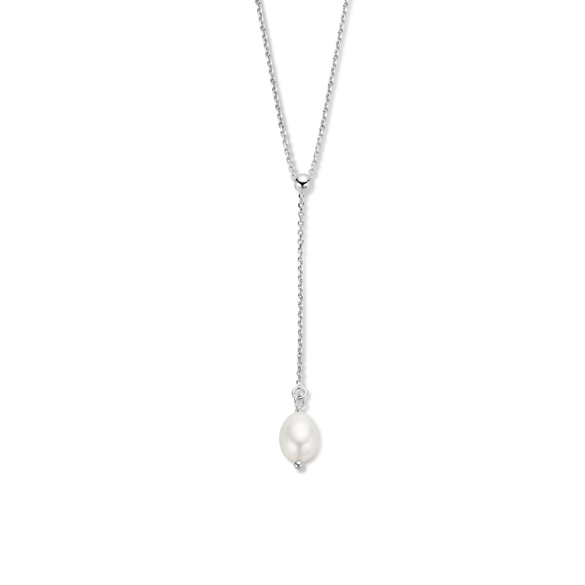 De Van der Kooij Collectie y-collier parel 45 + 5 cm is een gerhodineerde zilveren dames ketting, voorzien van een enkele witte zoetwaterparel hanger aan een korte dropsectie.