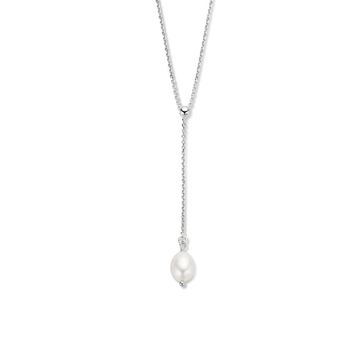 De Van der Kooij Collectie y-collier parel 45 + 5 cm is een gerhodineerde zilveren dames ketting, voorzien van een enkele witte zoetwaterparel hanger aan een korte dropsectie.