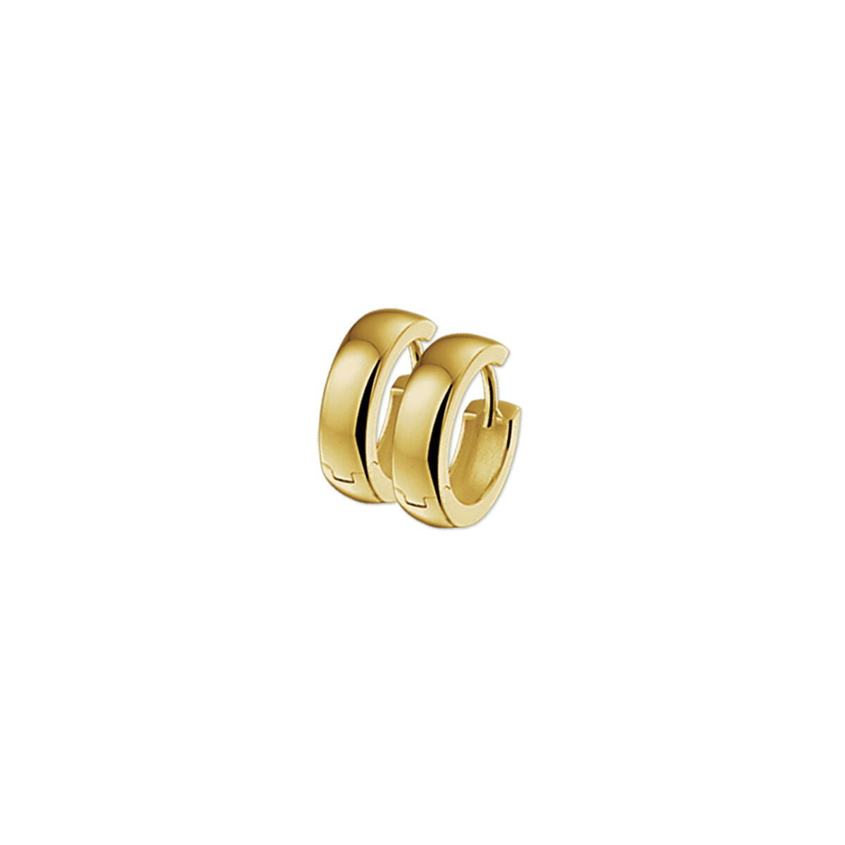 Een paar kleine, dikke klapoorringen bolle buis 4,0 mm van Van der Kooij Collectie in 14K geelgoud met een gladde, gepolijste afwerking en handige scharniersluiting, afgebeeld tegen een effen witte achtergrond.