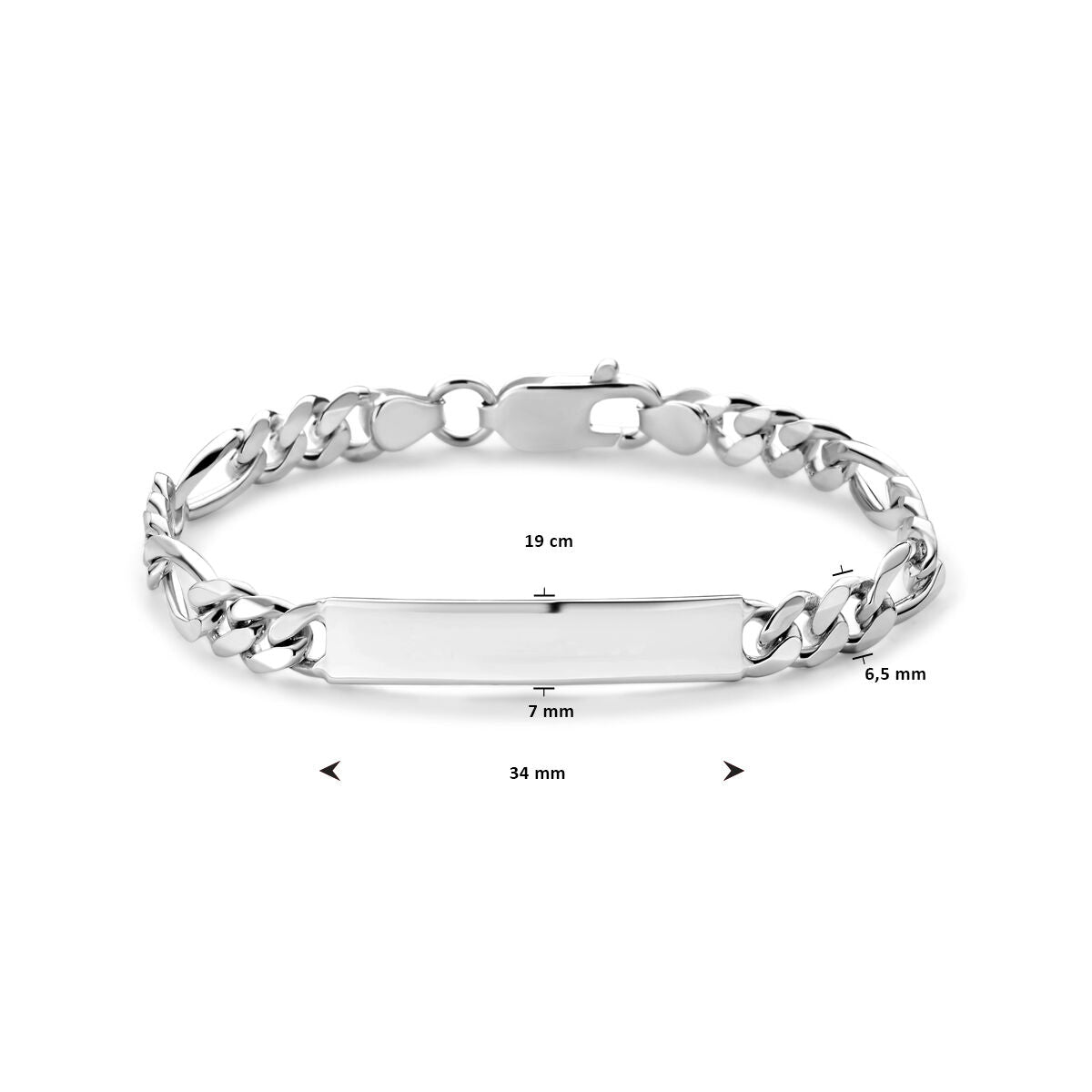 De Van der Kooij Collectie graveerarmband figaro plaat 7,0 mm zilver wit heeft een platte naamplaat, is 19 cm lang, 7 mm breed en sluit stevig. Perfect voor heren die een stijlvolle en persoonlijke armband zoeken.