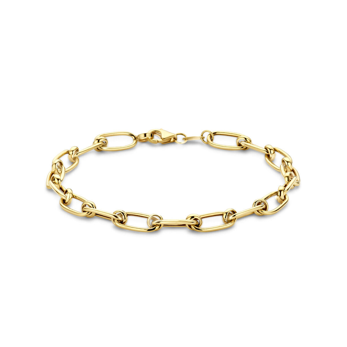 Armband van 14K geelgoud met schakels van 6,5 mm breed en een lengte van 19 cm.