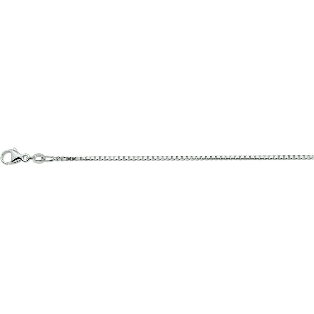 De Van der Kooij Collectie collier venetiaans 1,3 mm is een unisex, gerhodineerd zilveren ketting met een boxketting en karabijnsluiting, afgebeeld tegen een witte achtergrond.