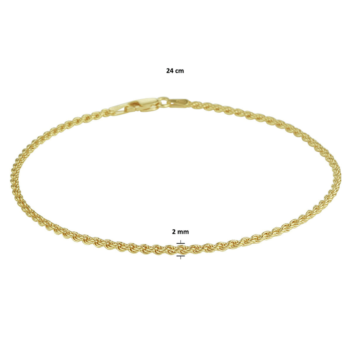 enkelbandje koord 2 mm 24 cm 3 micron zilver verguld (geel)