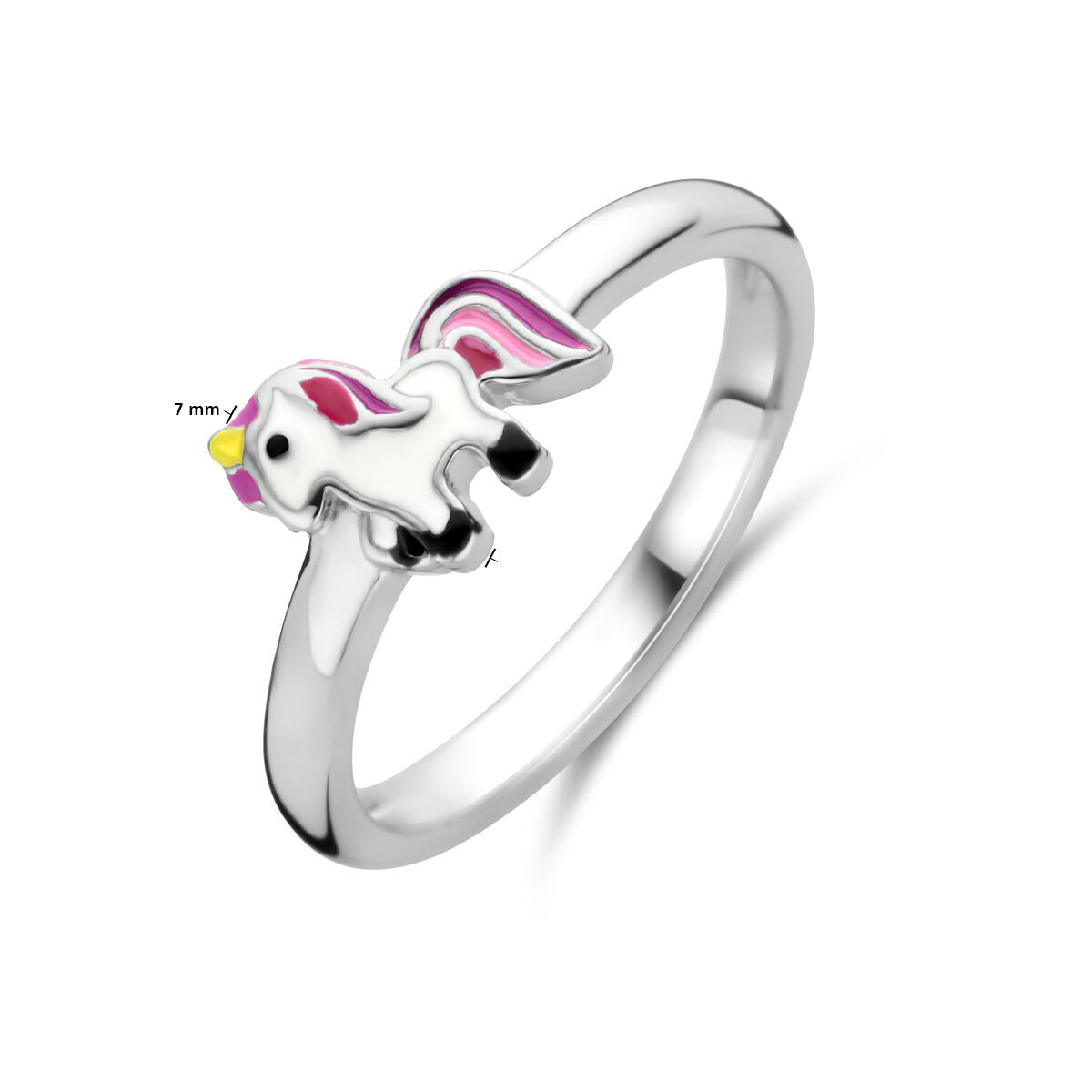Van der Kooij Collectie ring eenhoorn zilver gerhodineerd: een charmante zilveren kinderring met een kleurrijke eenhoorn met roze manen en staart, wit lijf en gele hoorn, afgebeeld op een effen witte achtergrond.