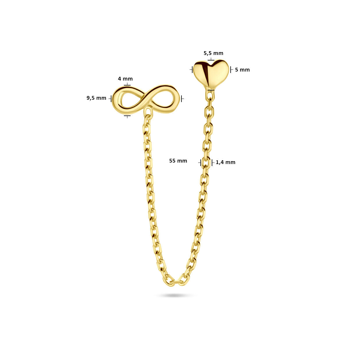 double ear stud heart and infinity per piece 1 micron silver gold plated (yellow)