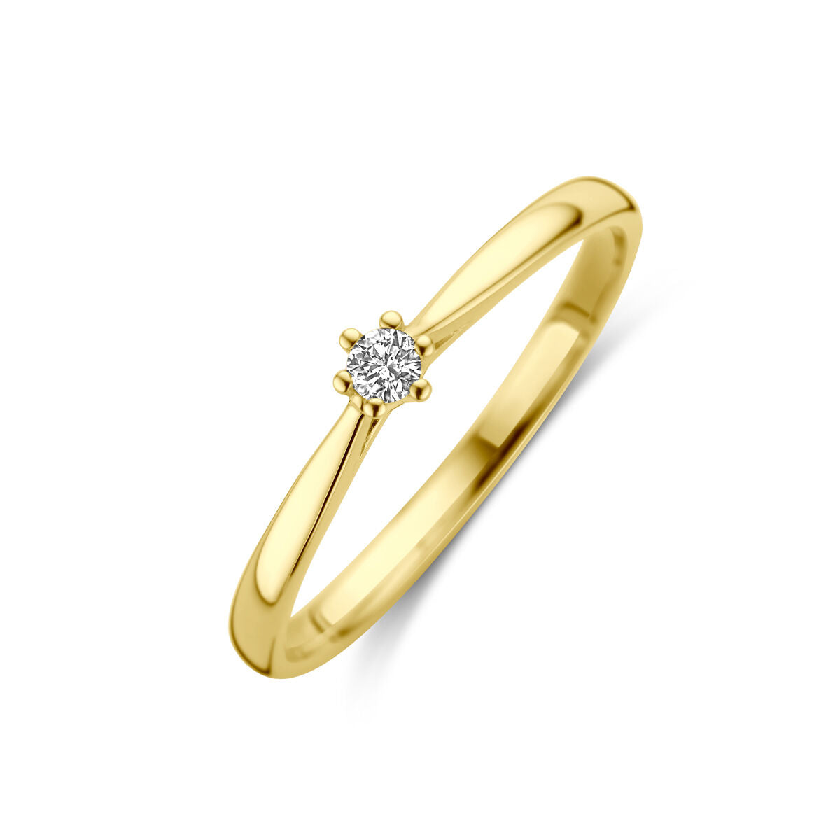 Geelgouden ring met een solitaire diamant van 0.05 ct, met een verfijnde, glanzende afwerking.