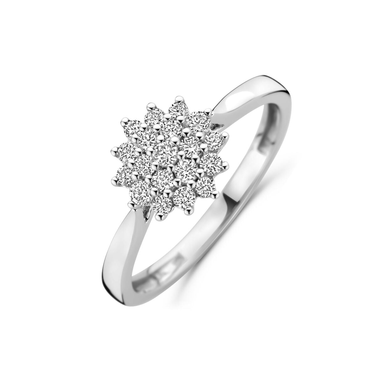 Ring van 14K witgoud met een bloemvormige zetting van lab-grown diamanten, totaal 0.33ct H SI.