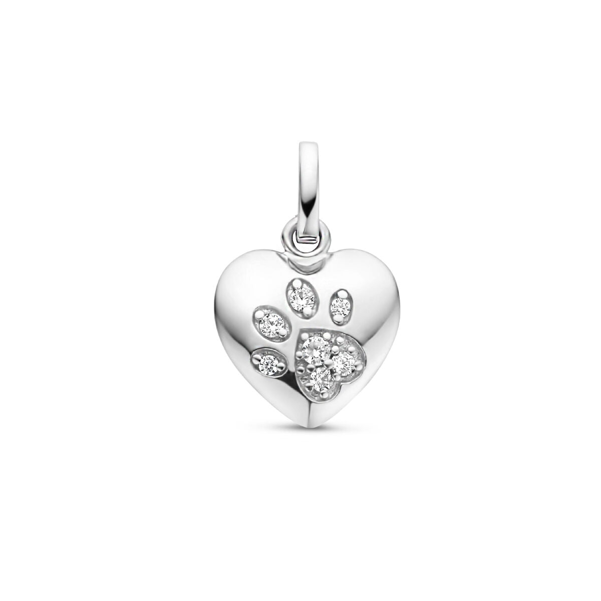Hanger in de vorm van een hart met een hondenpoot, zilver gerhodineerd en bezet met zirkonia.