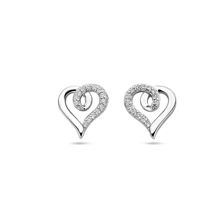 ear studs heart and zirconia silver rhodium plated