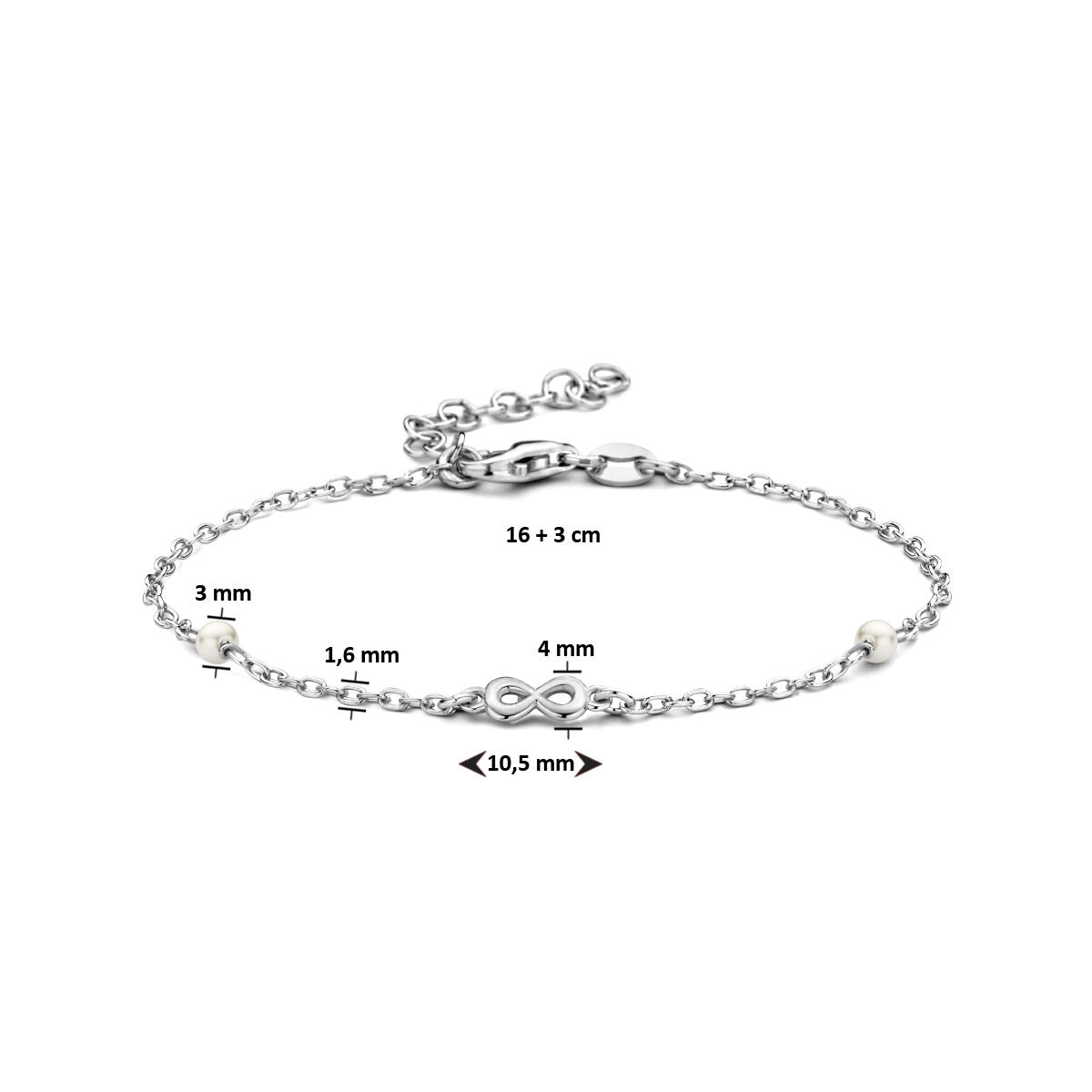 armband synth. parel en infinity 16 + 3 cm zilver gerhodineerd