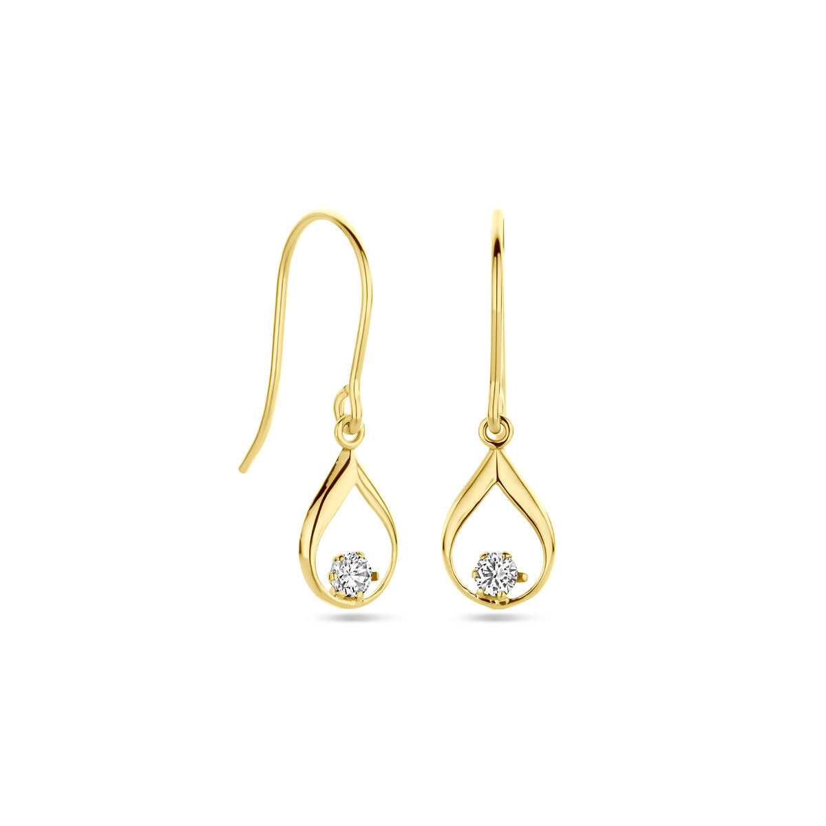 Een paar 14K geelgouden oorhangers van Van der Kooij Collectie met franse haak en open ontwerp, versierd met een zirkonia en een lengte van 23 mm.