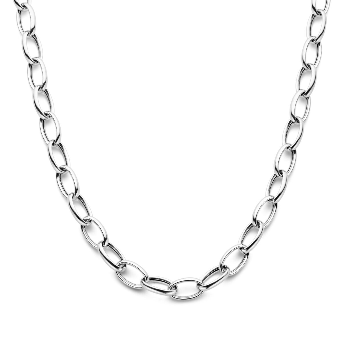 Een close-up van de Van der Kooij Collectie collier anker 10 mm 43 cm, een zilver gerhodineerd collier met ovaalvormige schakels, getoond tegen een witte achtergrond.