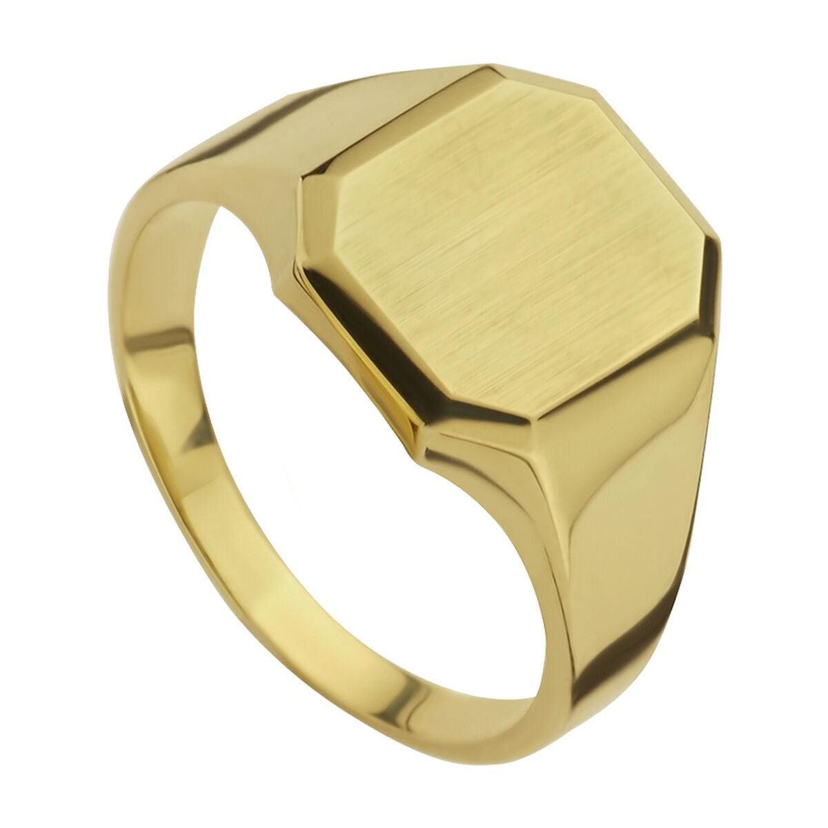 De Van der Kooij Collectie graveerring is massief, mat, en gediamanteerd 14K geelgoud, met een vlakke achthoekige bovenkant en gladde band, weergegeven tegen een witte achtergrond.