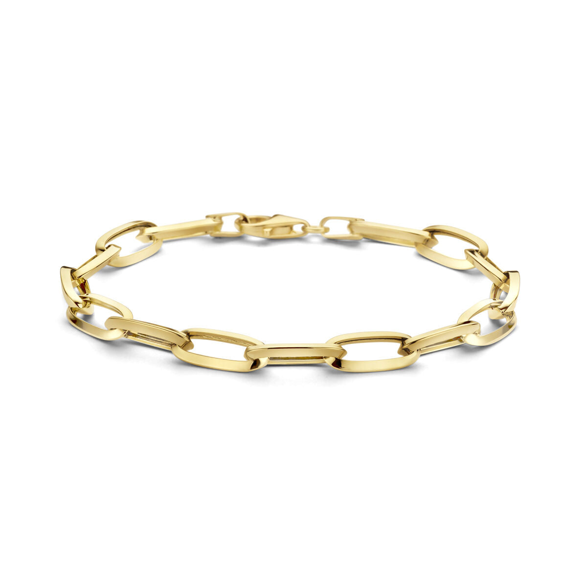 Gouden armband met paperclip schakels en spitse buizen, vervaardigd uit 14K goud.
