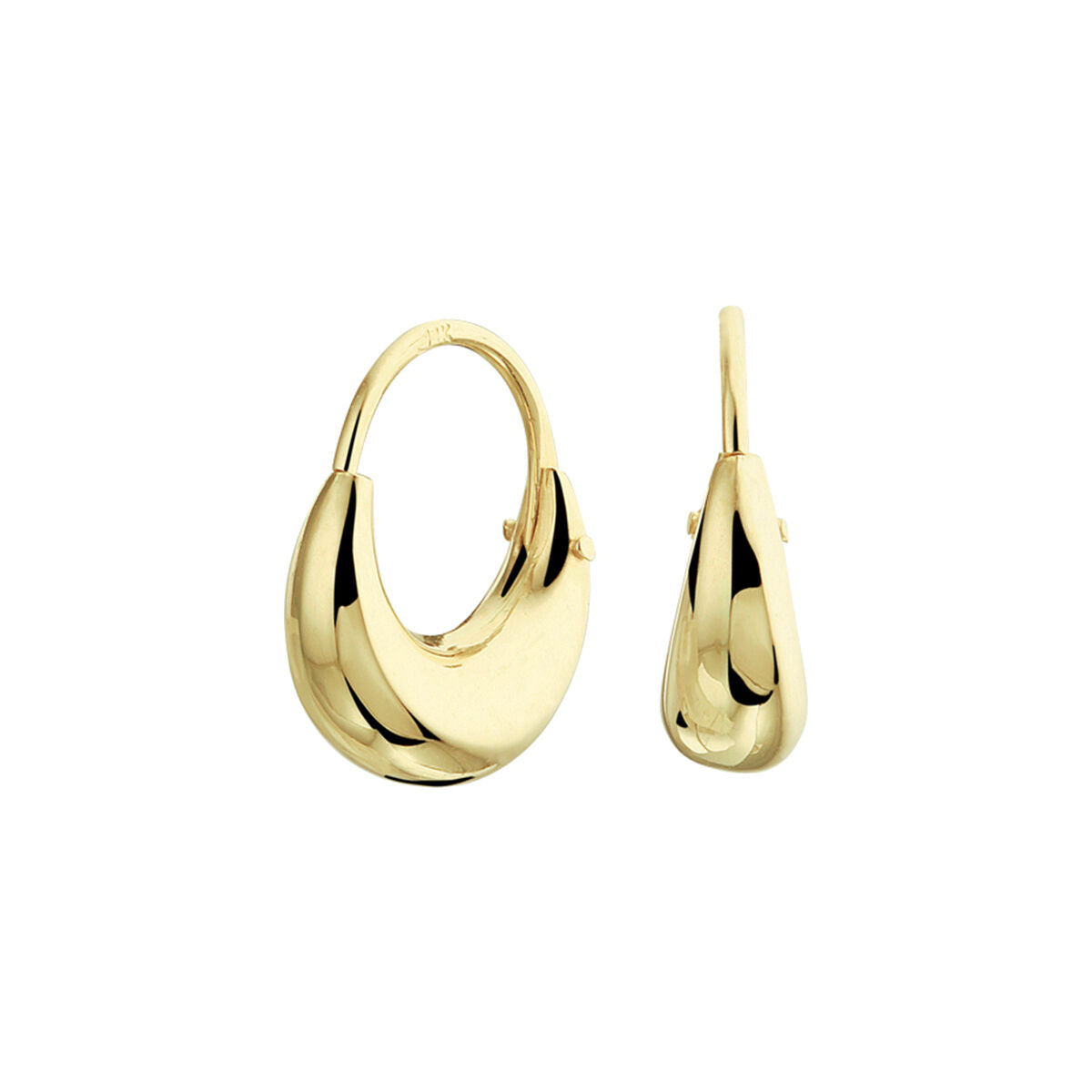 Van der Kooij Collectie oorringen 14K geelgoud: een paar glanzende, gepolijste geelgouden oorringen met grof, gebogen design tegen een witte achtergrond. Perfect voor liefhebbers van stijlvolle dames sieraden.