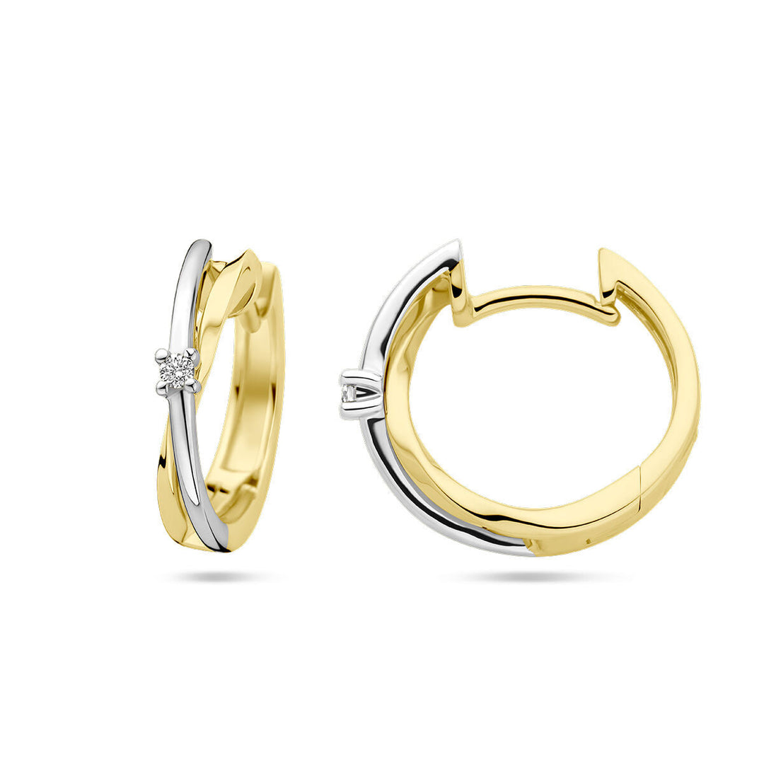 klapoorringen diamant 0.03ct (2x 0.015ct) h si 14K bicolor goud geel/wit