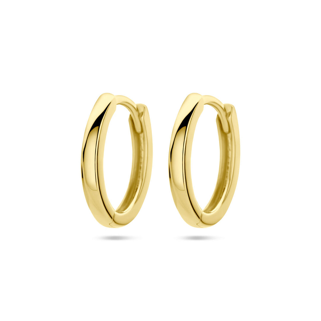 De Van der Kooij Collectie klapoorringen 14K geelgoud zijn kleine, ovaalvormige oorringen met een gladde, gepolijste afwerking: perfecte damesoorbellen voor elke gelegenheid. Weergegeven op een effen witte achtergrond.