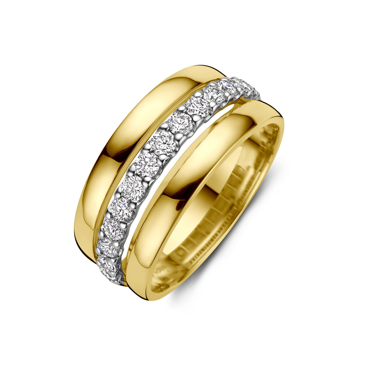 Bicolor damesring van 14k geel- en witgoud met een rij van sprankelende diamanten.