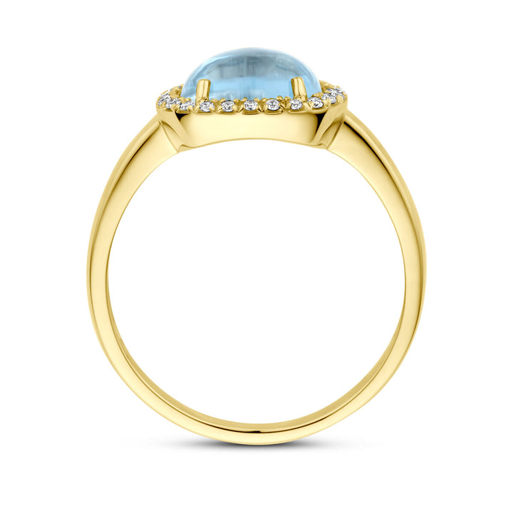 ring blauw topaas en diamant 0.09ct h si halo 14K geelgoud