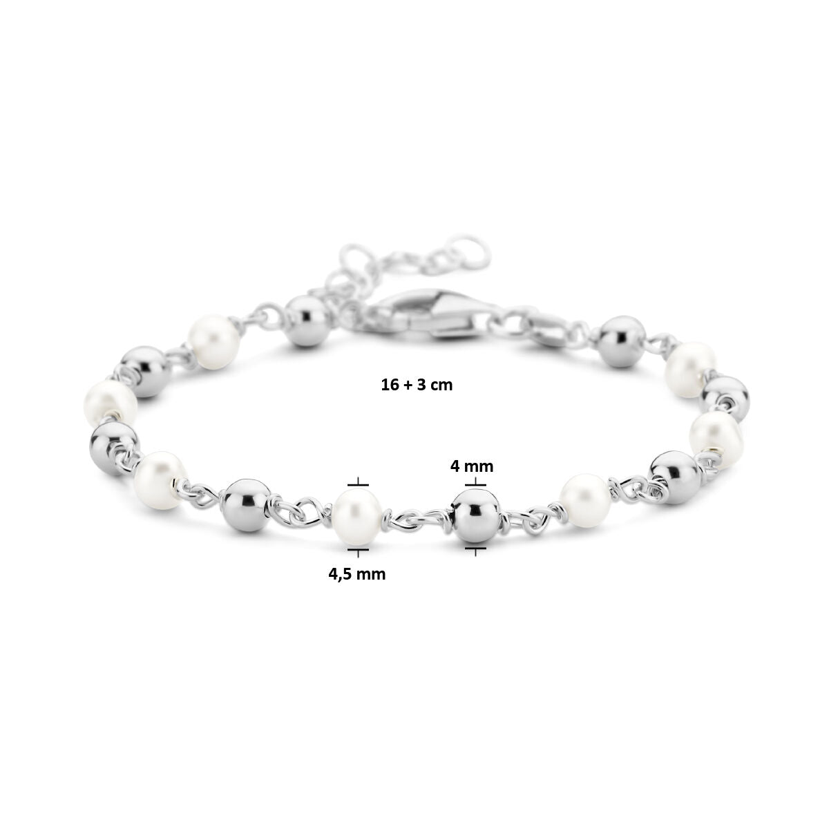 armband parel en bolletjes 16 + 3 cm zilver gerhodineerd