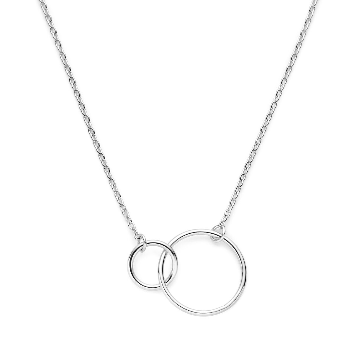 Zilveren gerhodineerde ketting met twee ronde schakels in verschillende maten.