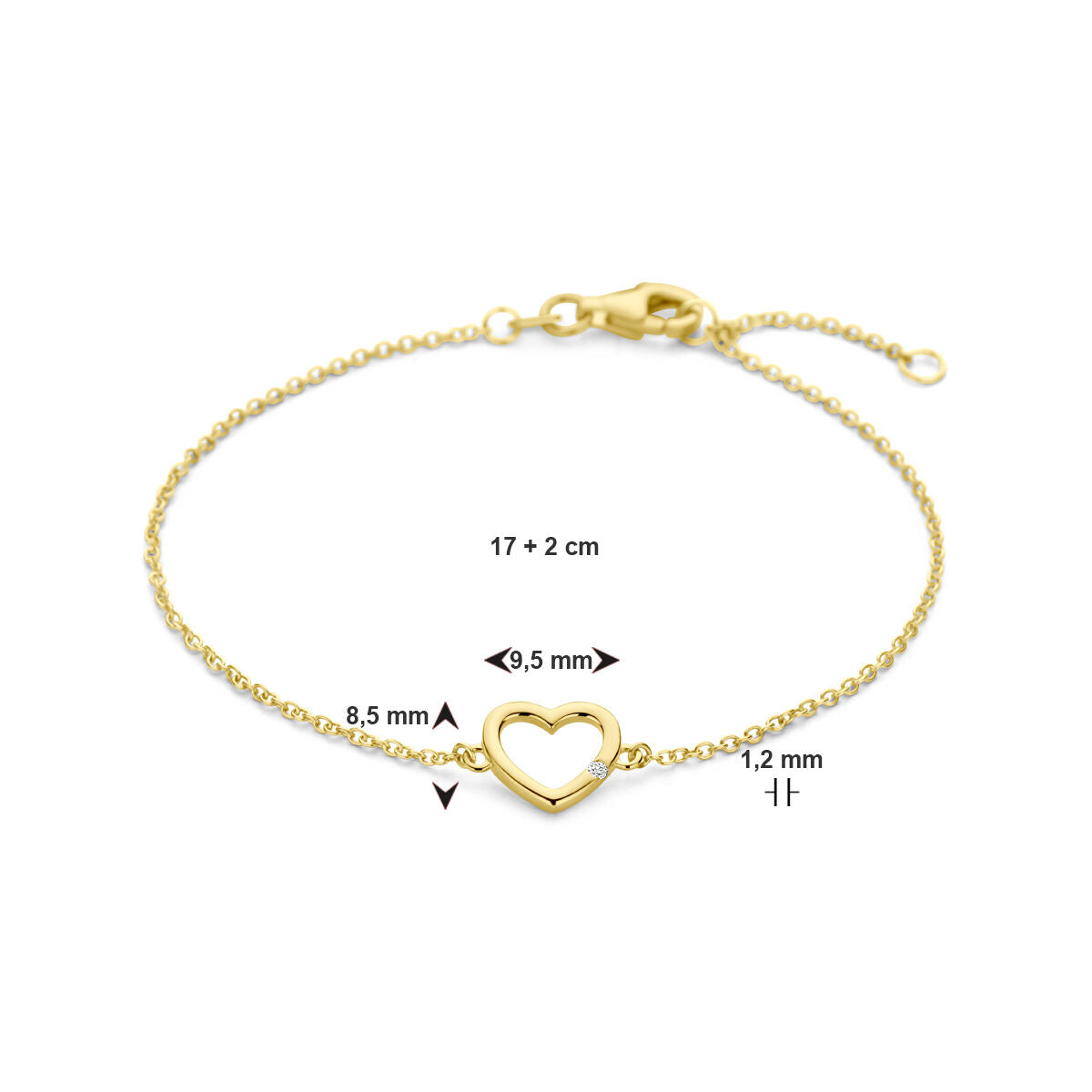 Gold bracelet ladies heart and diamond 14K