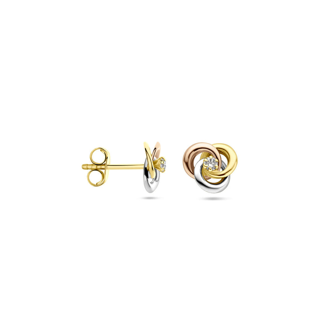 Van der Kooij Collectie oorknoppen zirkonia 7 mm 14K tricolor goud met geel-, wit- en rosegouden lussen en een centrale zirkonia, getoond van voren en opzij tegen een witte achtergrond.