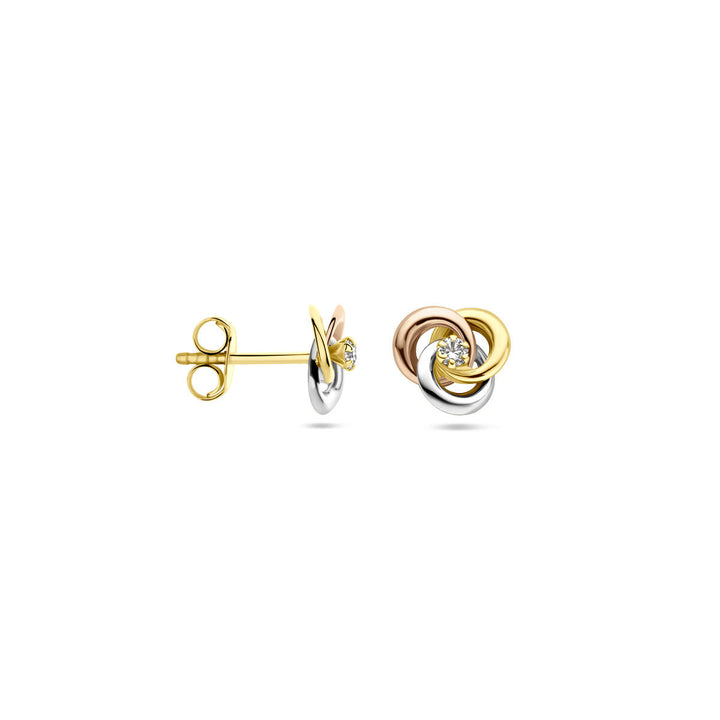 Van der Kooij Collectie oorknoppen zirkonia 7 mm 14K tricolor goud met geel-, wit- en rosegouden lussen en een centrale zirkonia, getoond van voren en opzij tegen een witte achtergrond.