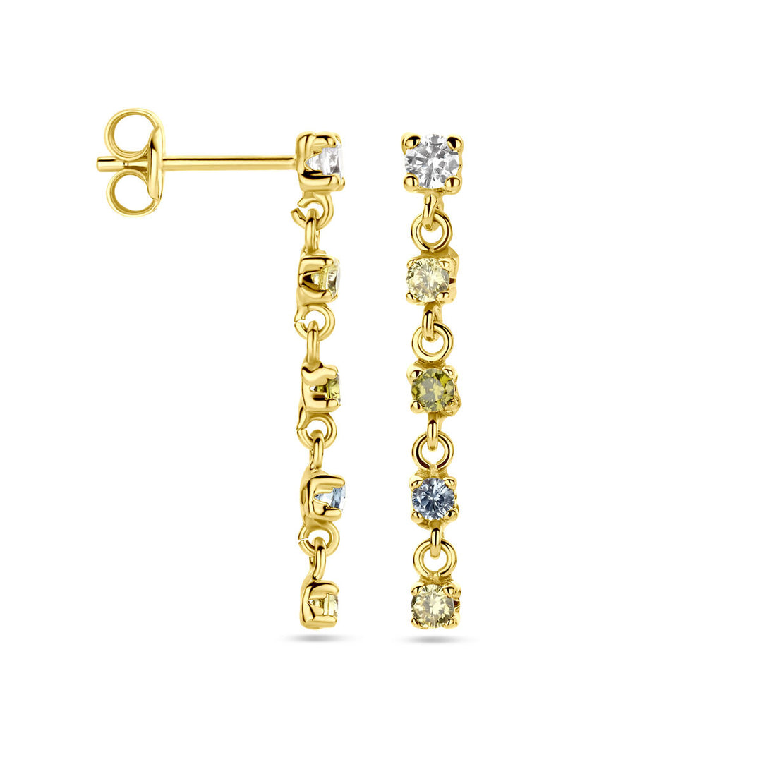 oorhangers wit, geel en groen zirkonia en synth. aquamarijn 22 mm 14K geelgoud