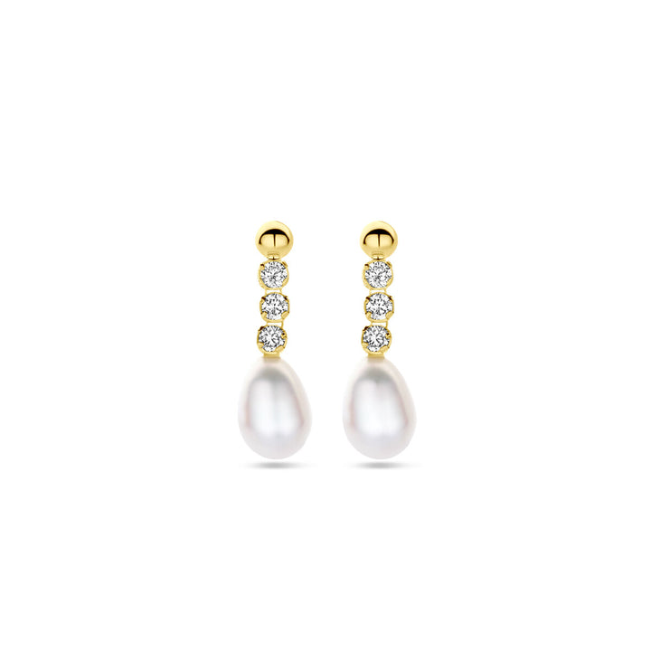 oorhangers zirkonia en parel 19 mm 14K geelgoud