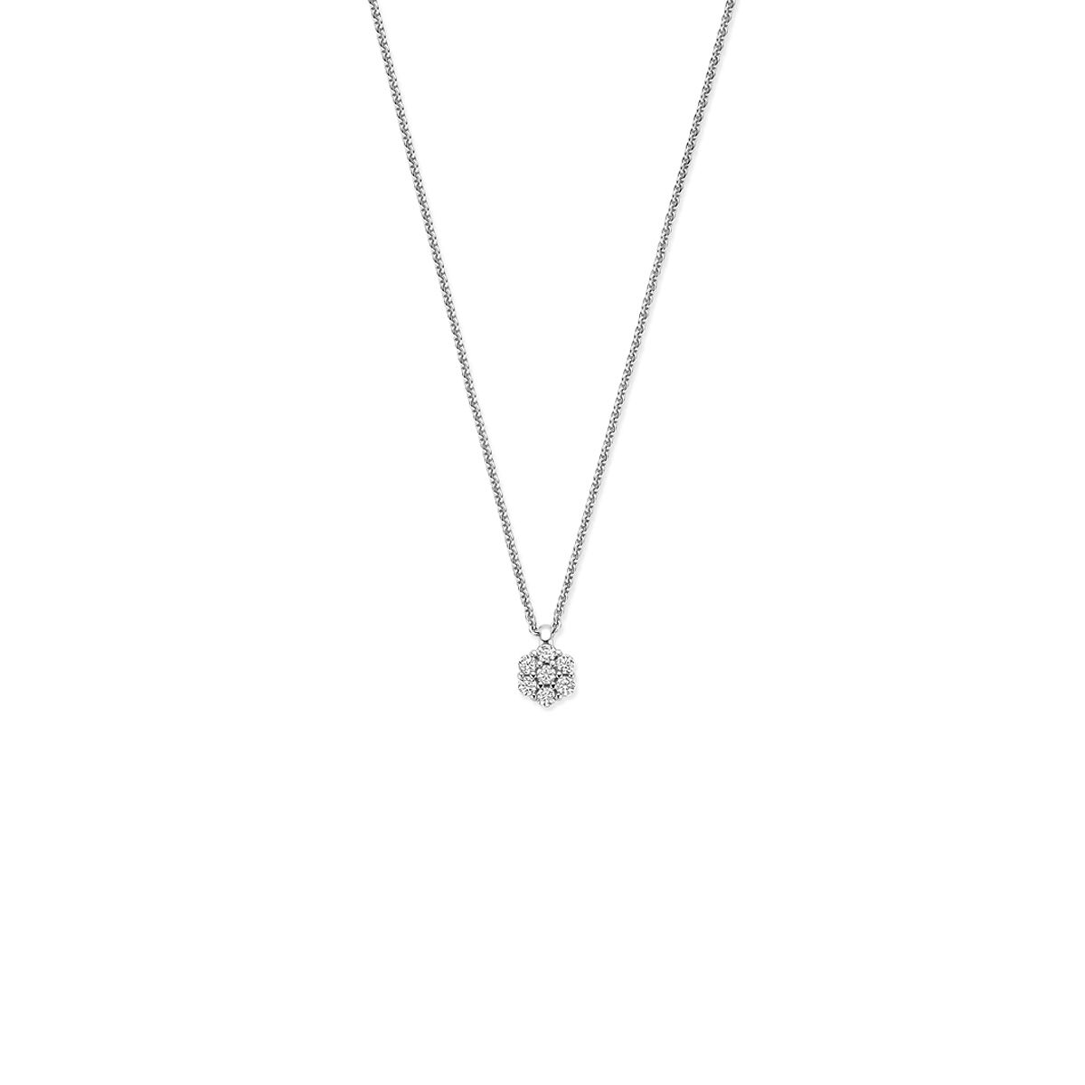 Zilveren collier met een verstelbare ketting van 41-45 cm en een hanger met zirkonia-steentjes.
