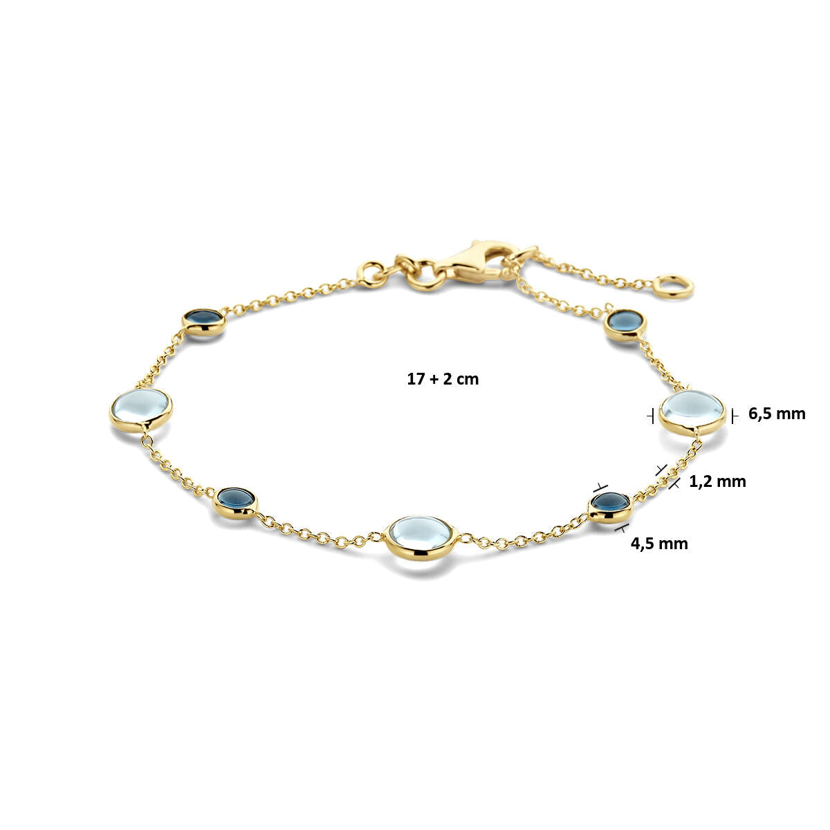 Van der Kooij Collectie 14K gouden armband dames met blauwe en London blauwe topaas, ronde stenen (6,5 mm, 4,5 mm en 1,2 mm), afwisselend gezet. Verstelbare lengte (17 + 2 cm) met karabijnsluiting.