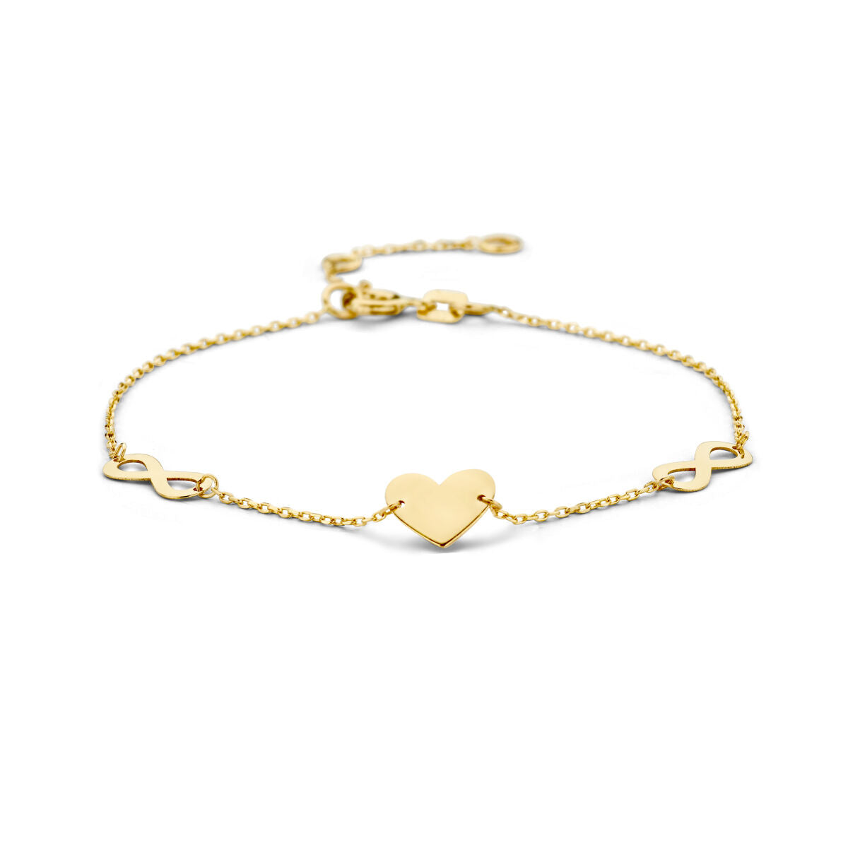 De Gouden armband dames hart en infinity 14K uit de Van der Kooij Collectie heeft een hartvormige bedel en twee infinity symbolen-het perfecte Valentijn cadeau, afgebeeld op een witte achtergrond.