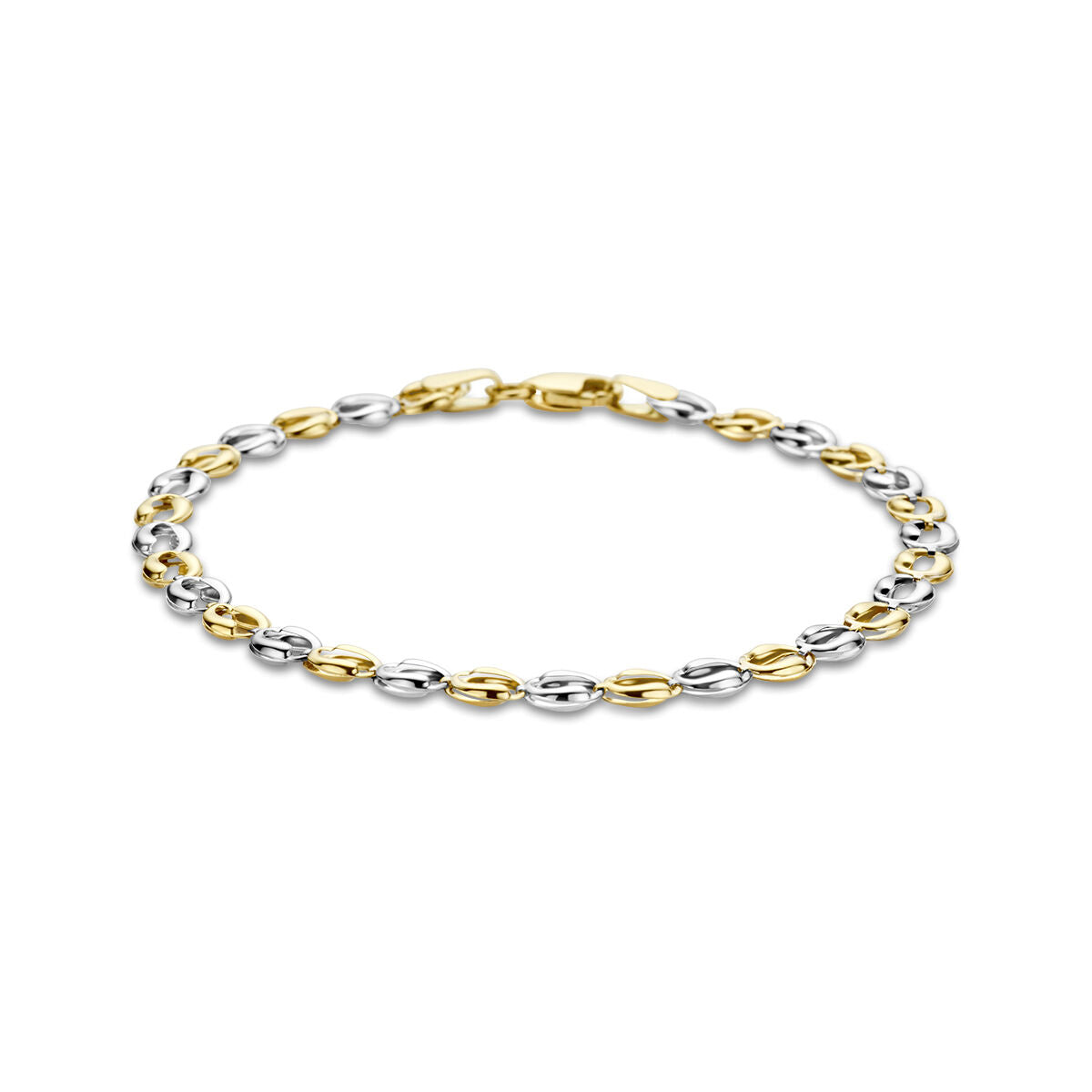 De Van der Kooij Collectie Gouden armband dames 14K bicolor heeft elegante afwisselend gouden en zilveren ovale schakels, prachtig weergegeven op een witte achtergrond.